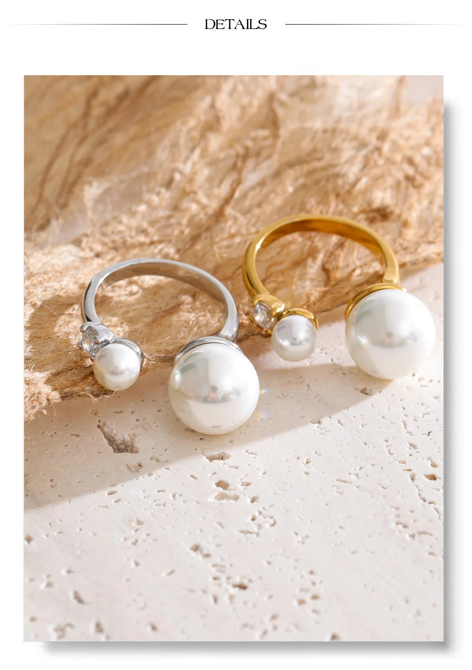 Cubic zirconia pearl geometric ring in 18K gold-plated stainless steel with pearl and cubic zirconia.