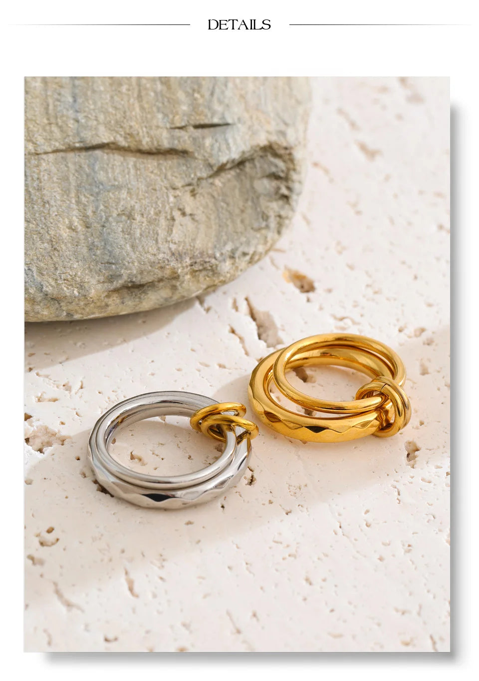 Geometric ring in 18K gold-plated stainless steel.