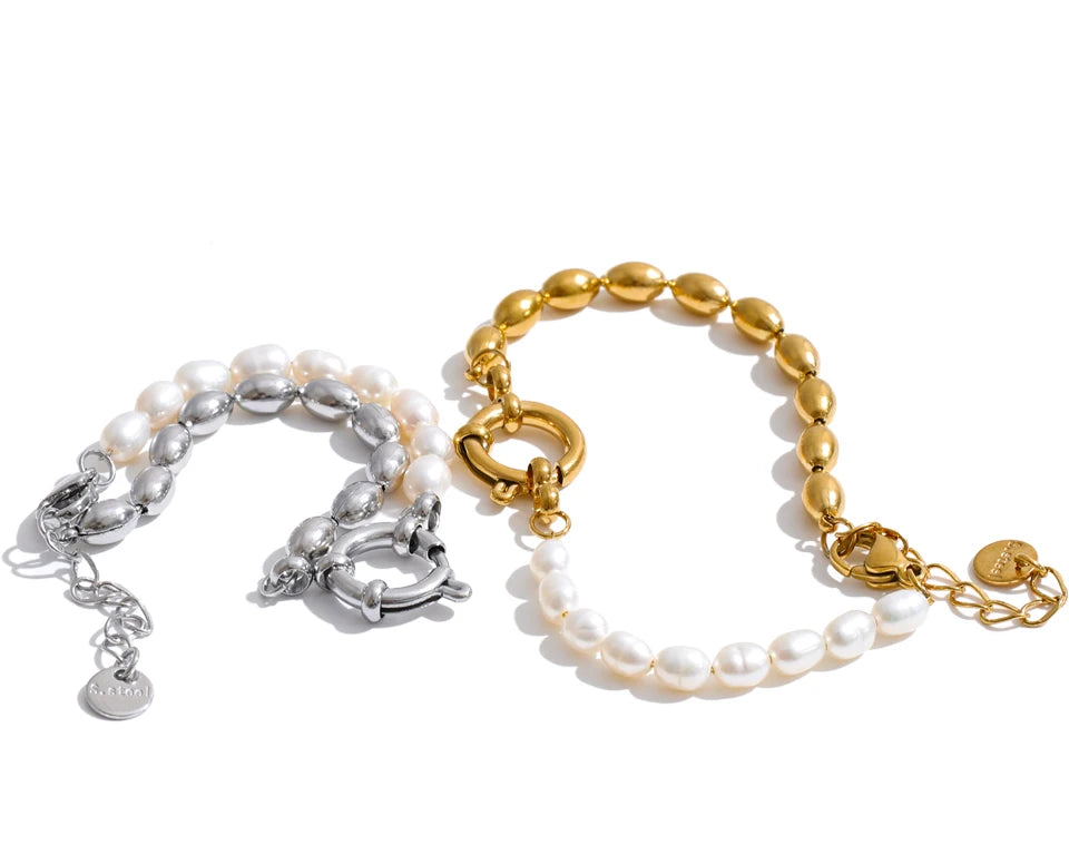 Freshwater Pearl Geometric Bracelet — Gold-Plated Stainless Steel with Freshwater Pearl · PS2057