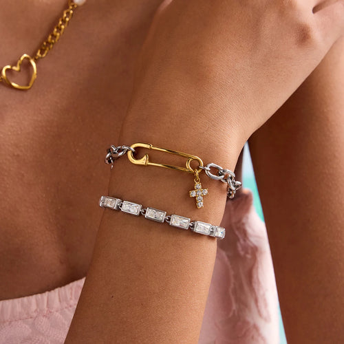 Crystal Cross Charm Bracelet — Stainless Steel