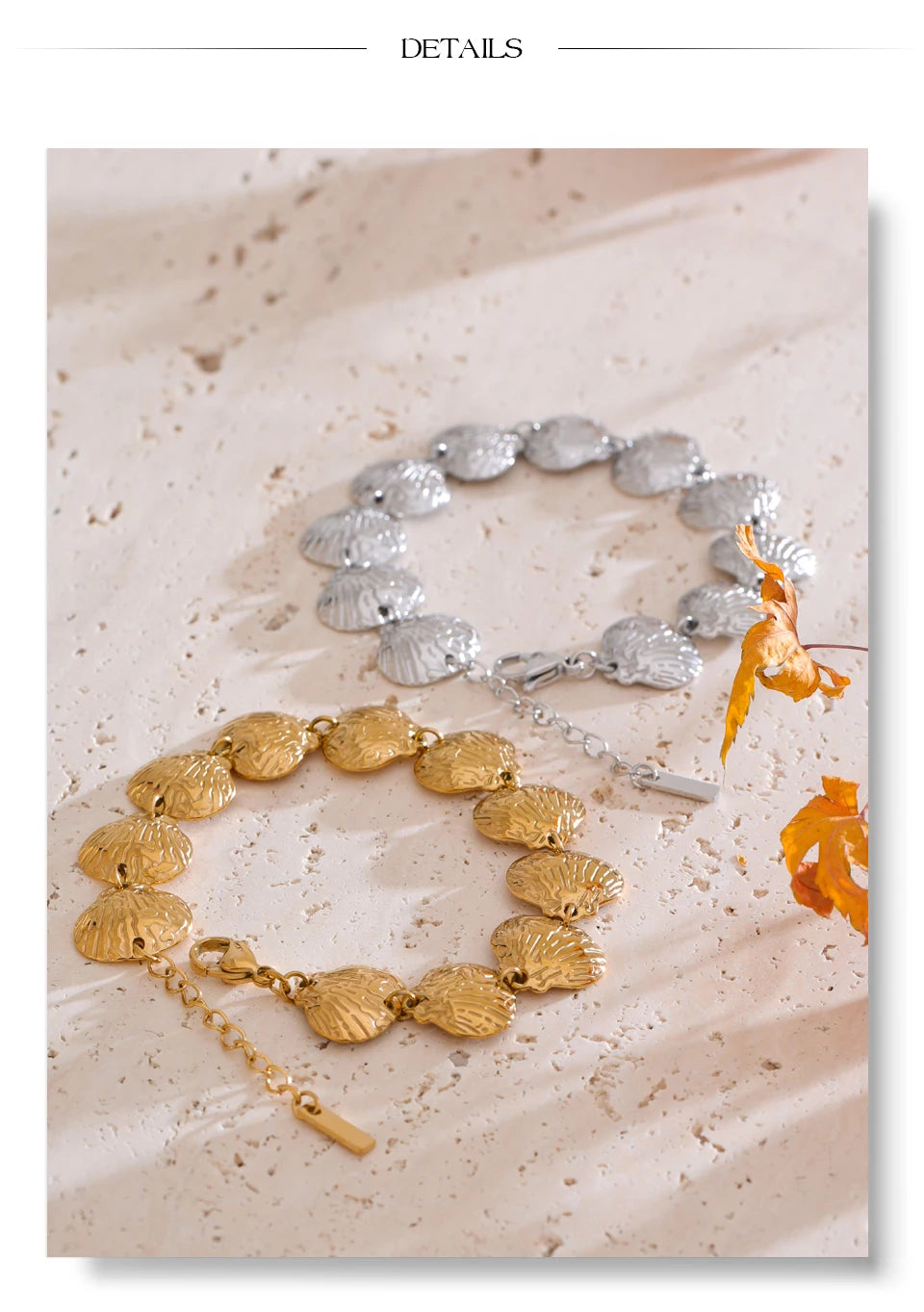 Shell hammered geometric necklace in gold-plated stainless steel with shell.