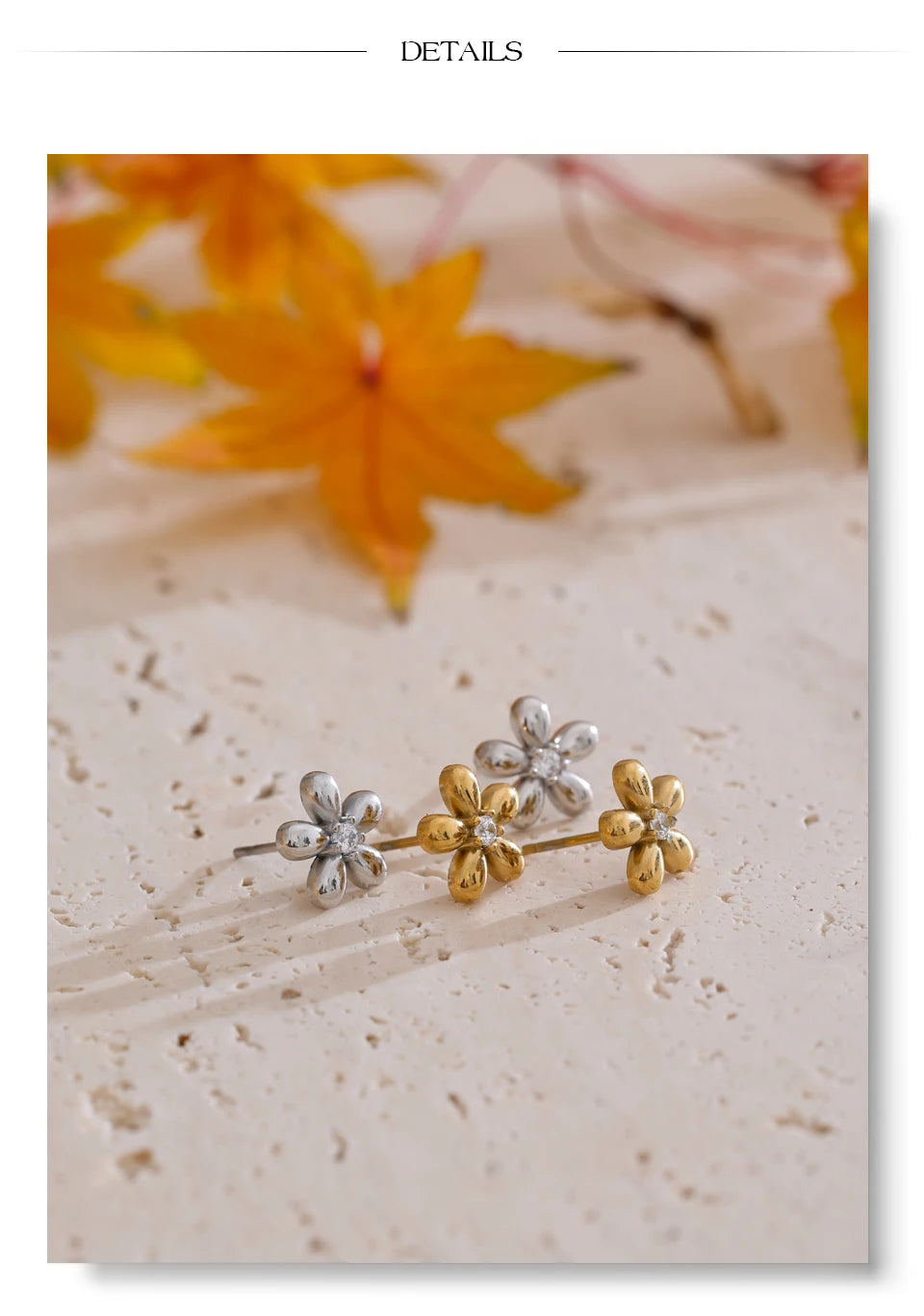 Cubic zirconia flower earrings in gold-plated stainless steel with cubic zirconia.