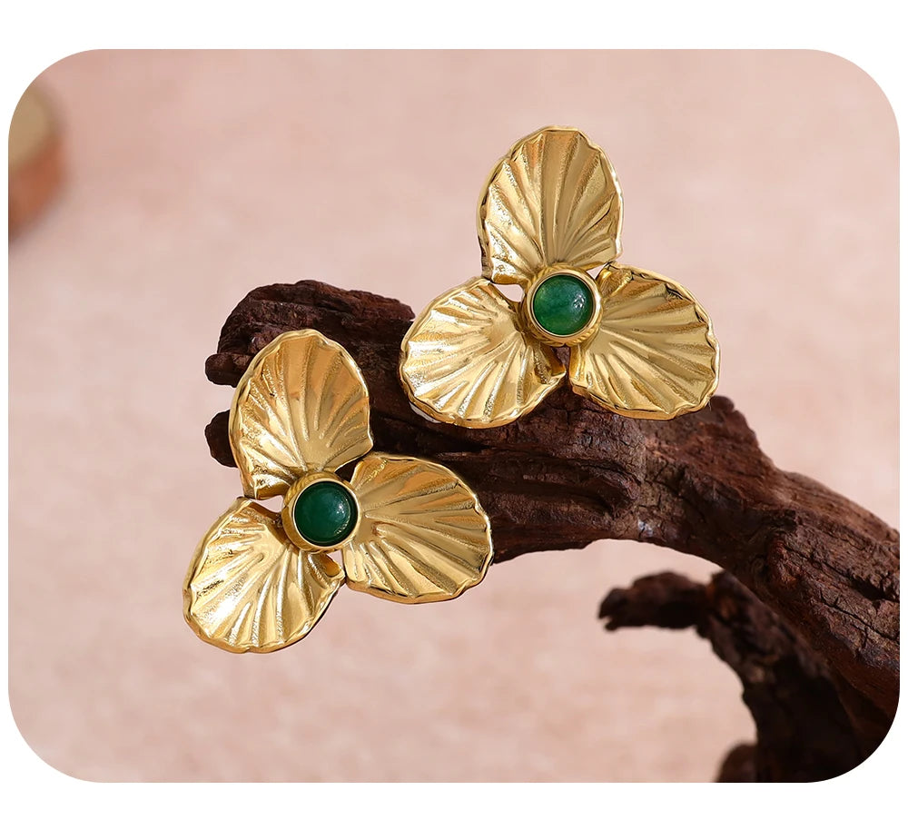 Stud Earrings Floral Vintage Natural Stone — 316L Stainless Steel · PS383