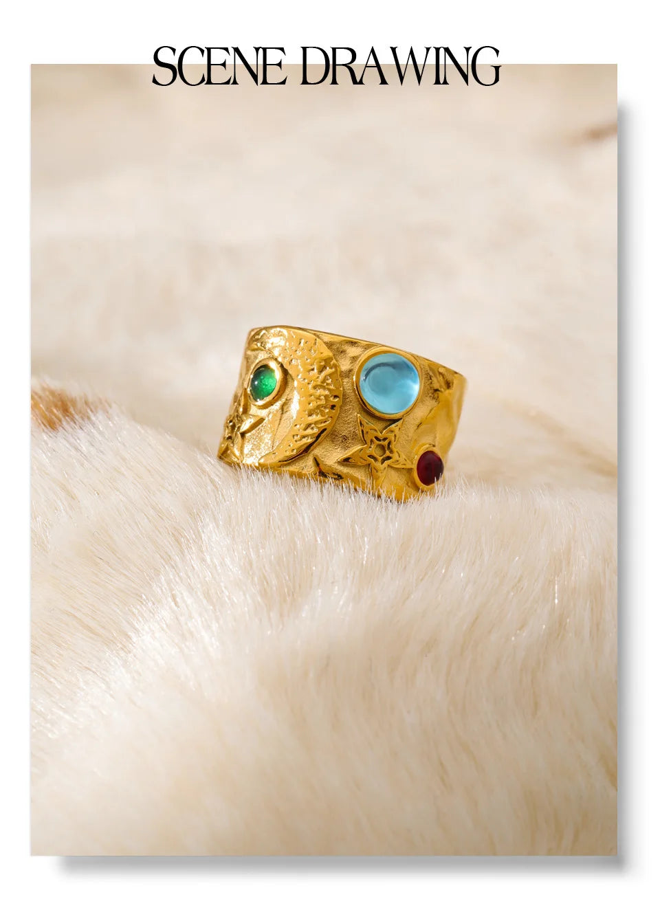 Glass star moon ring in 18K gold-plated stainless steel.