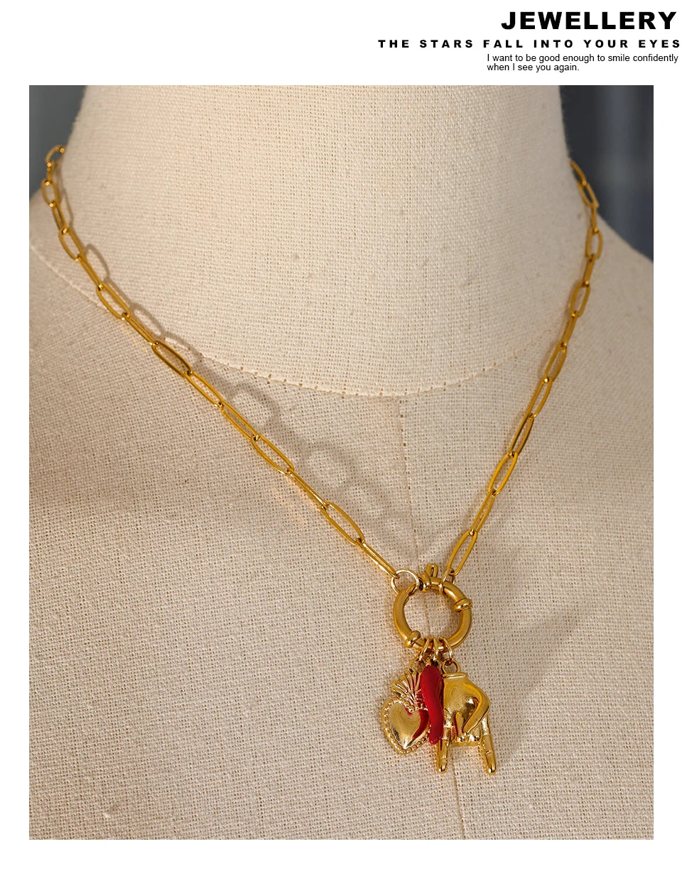 Red heart geometric necklace in gold-plated 316L stainless steel.