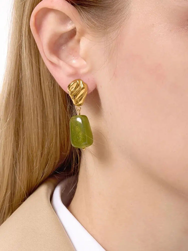 Green Stone Drop Earrings — Stainless Steel · PS097