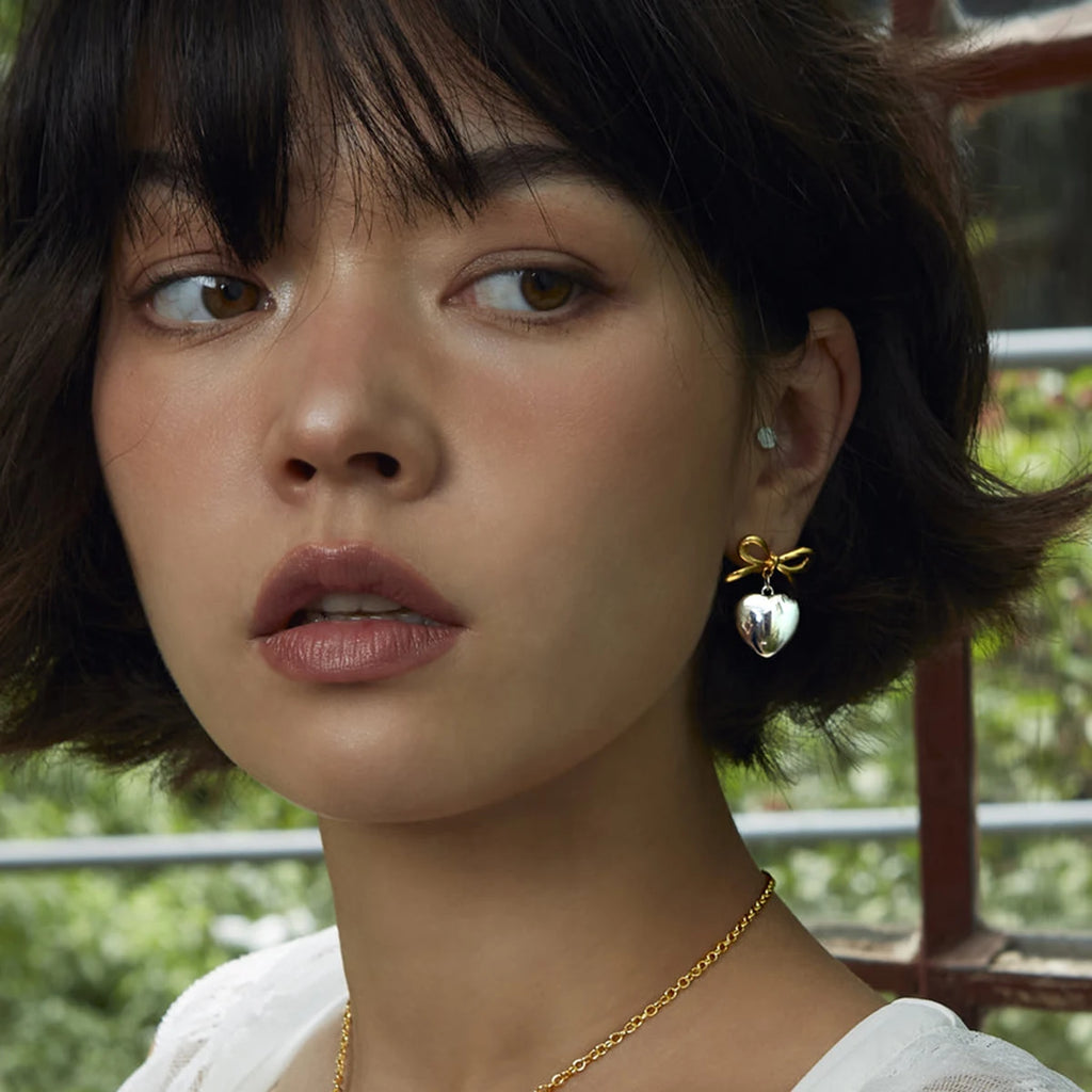 Bow Heart Drop Earrings — Stainless Steel · PS064