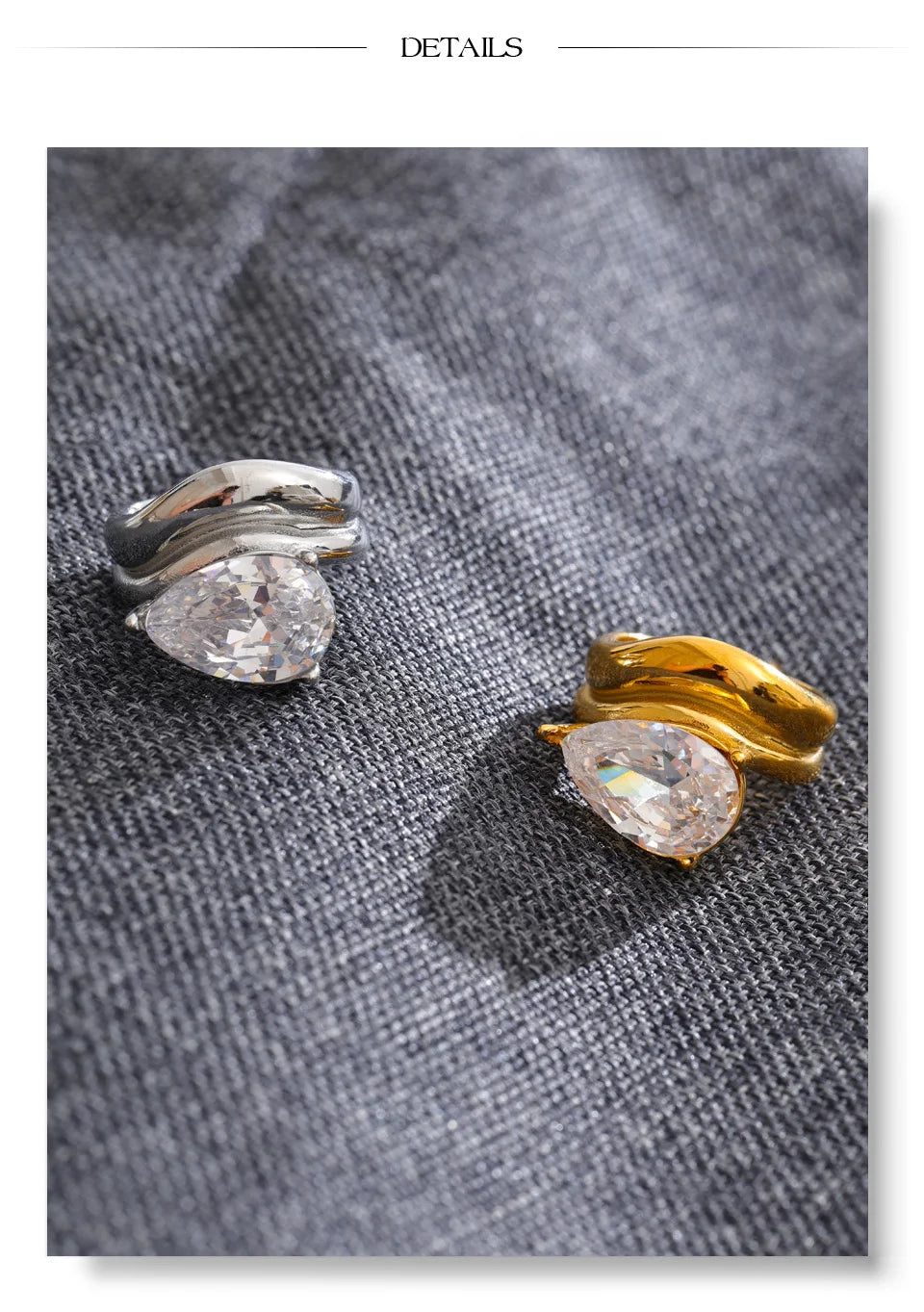 Cubic zirconia geometric ring in 18K gold-plated stainless steel with cubic zirconia.