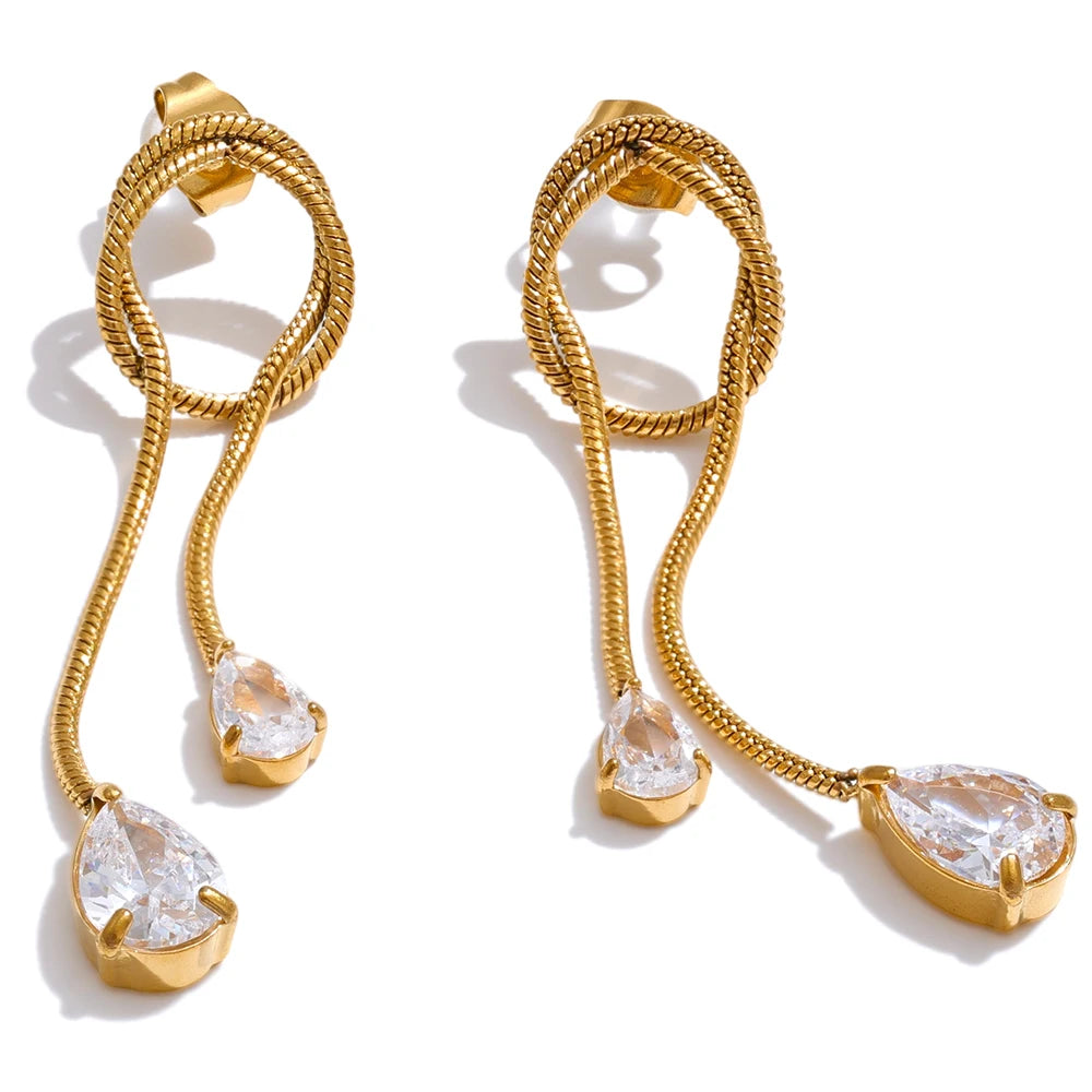 Cubic Zirconia Geometric Chain Earrings — Gold-Plated Stainless Steel with Cubic Zirconia · PS1608