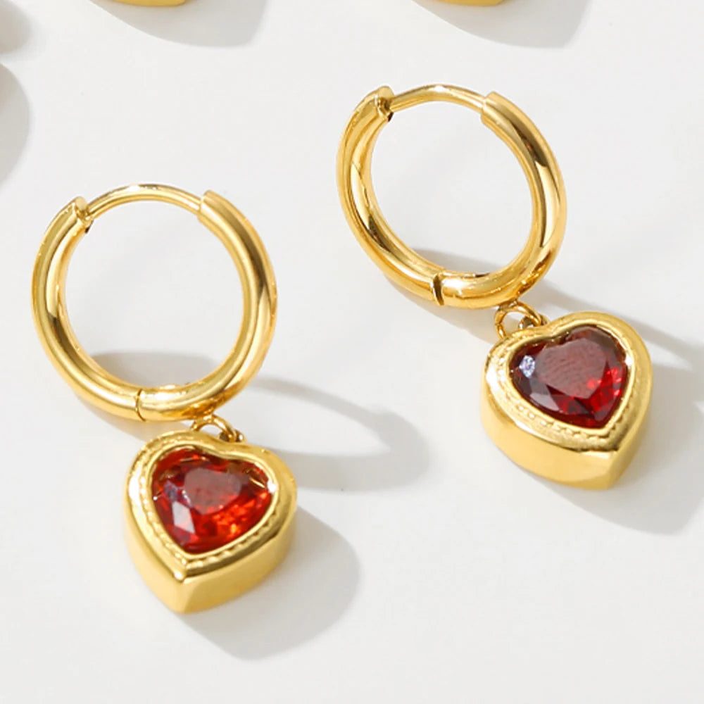Dangle Earrings Zircon Crystal Heart Charm — 316L Stainless Steel · PS482