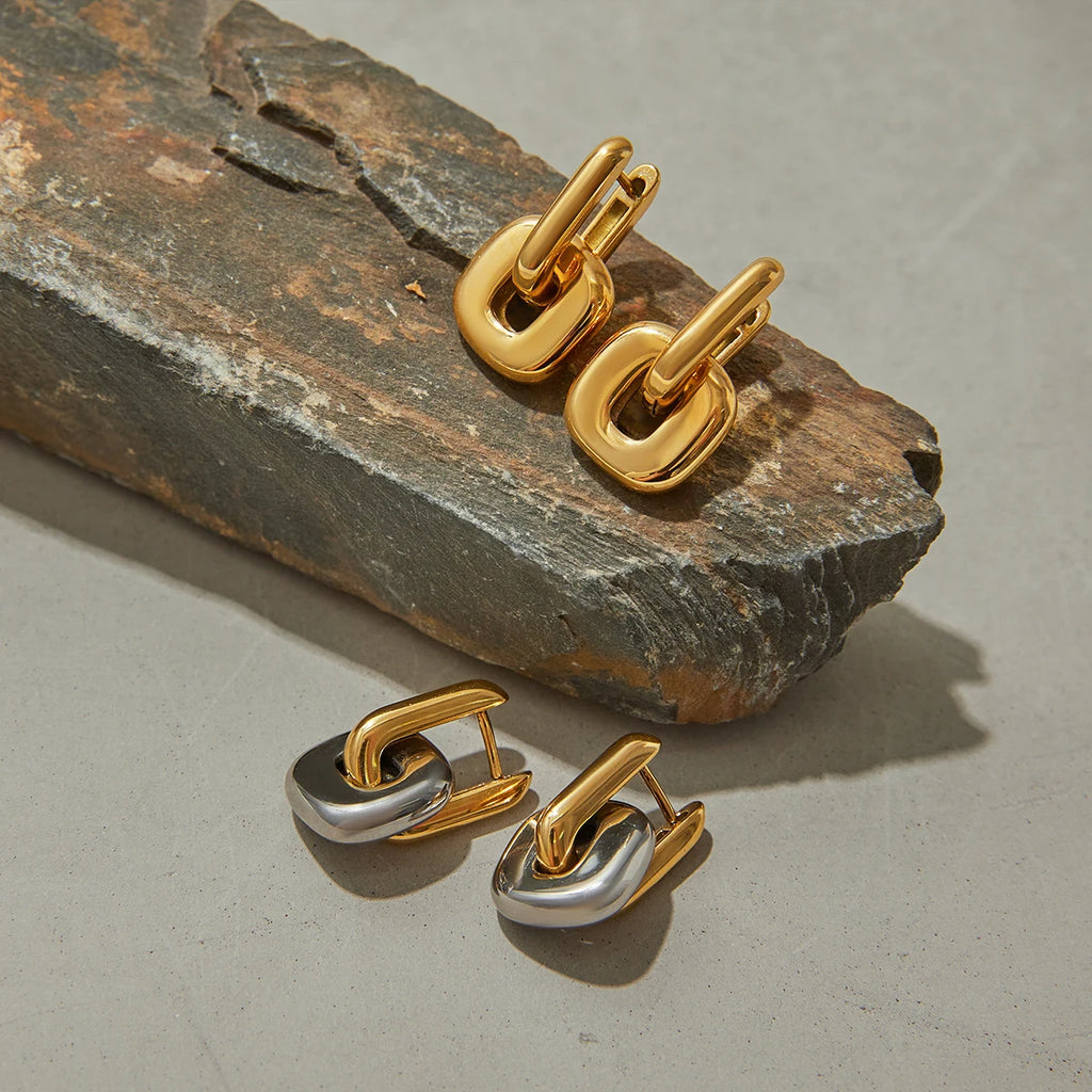 Two-Tone Link Hoop Earrings — Stainless Steel · PS088