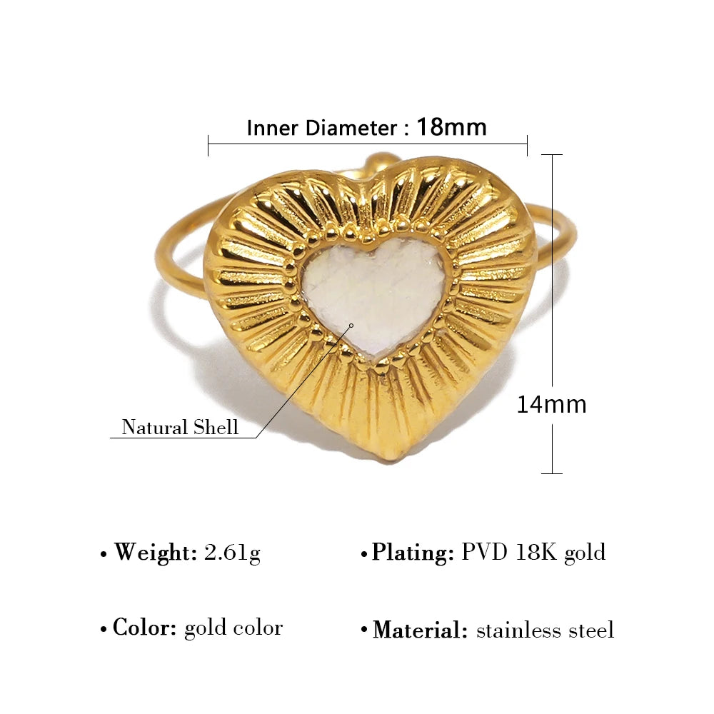 Heart Natural White Shell Vintage Adjustable Ring — 316L Stainless Steel · PS446