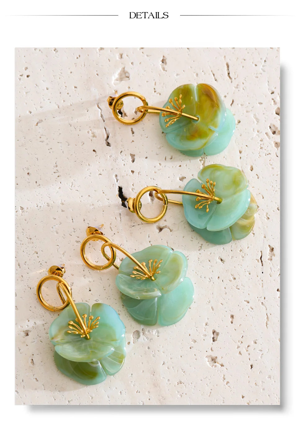 Resin acrylic flower earrings in gold-plated stainless steel with resin and acrylic.