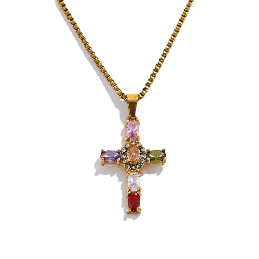 Cubic zirconia cross multi-color necklace in gold-plated stainless steel with cubic zirconia.