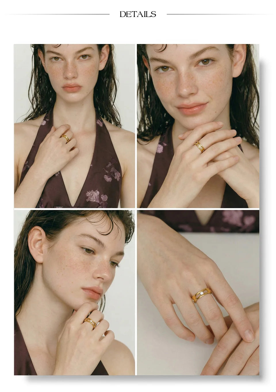 Cubic zirconia geometric ring in 18K gold-plated stainless steel with cubic zirconia.