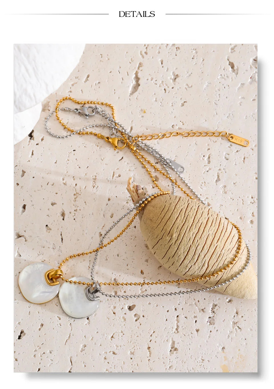 Shell geometric necklace in gold-plated stainless steel with shell.