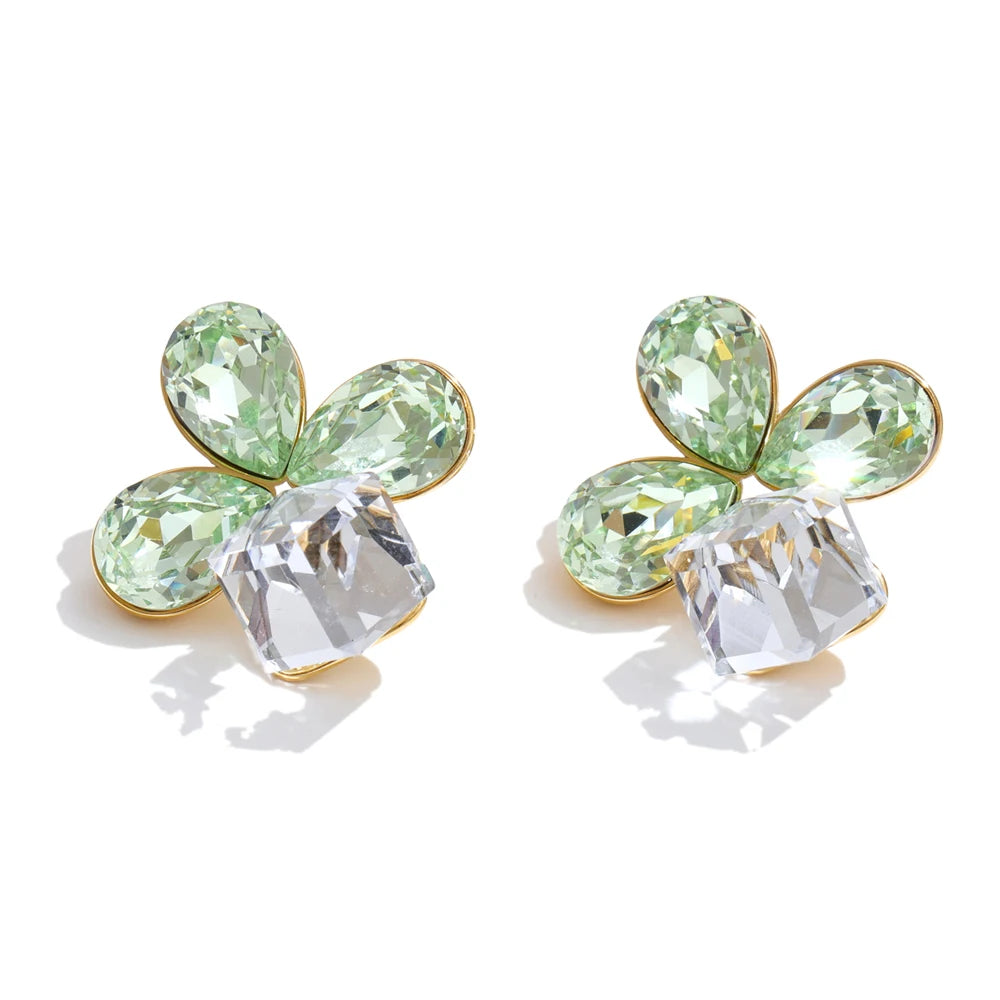 Crystal Flower Geometric Earrings — Gold-Plated Stainless Steel with Crystal · PS1534