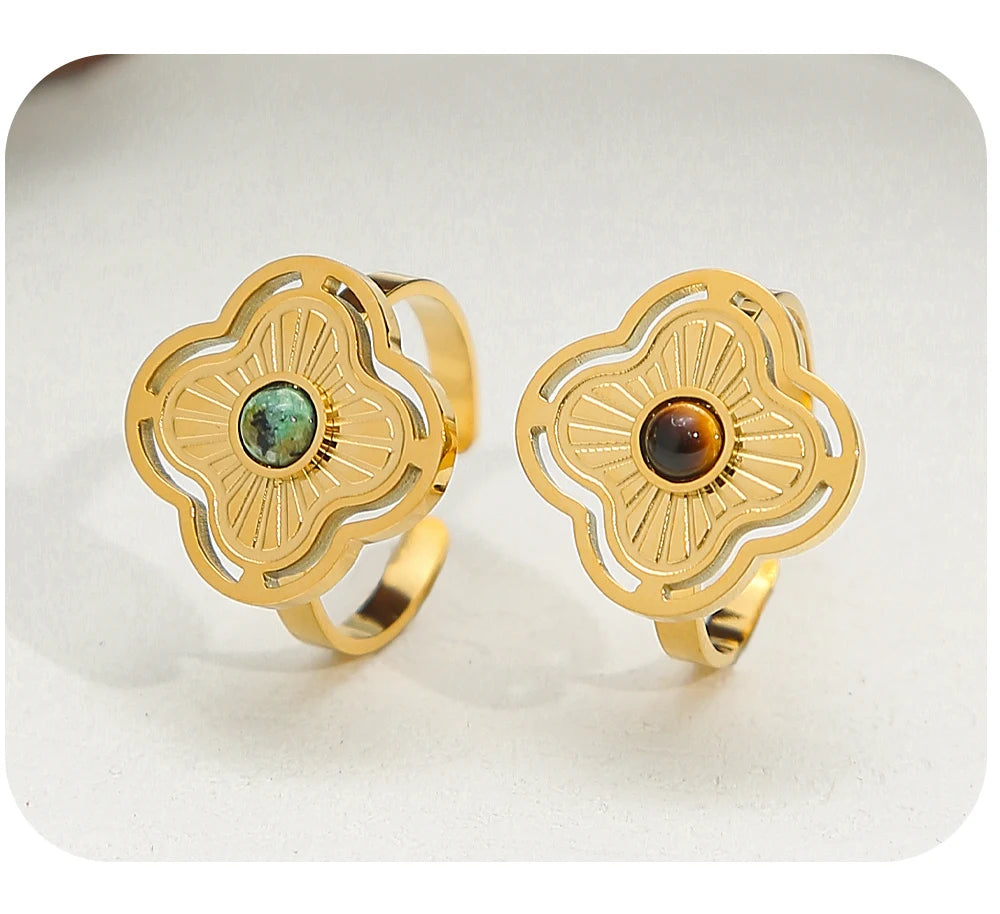 Ring Natural Stone Inlaid In Metal Texture Flowers — 316L Stainless Steel · PS461