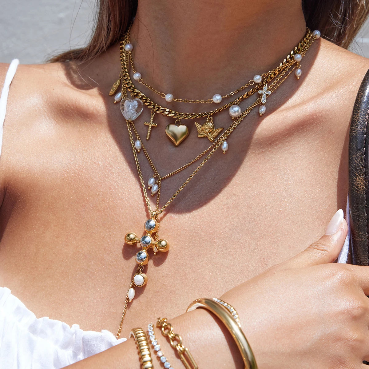 Angel Cross Pearl Necklace — Stainless Steel · PS278