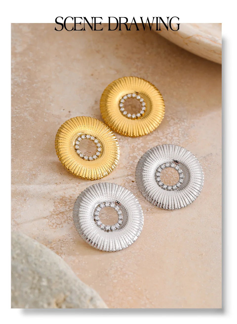 Cubic zirconia geometric earrings in gold-plated stainless steel with cubic zirconia.