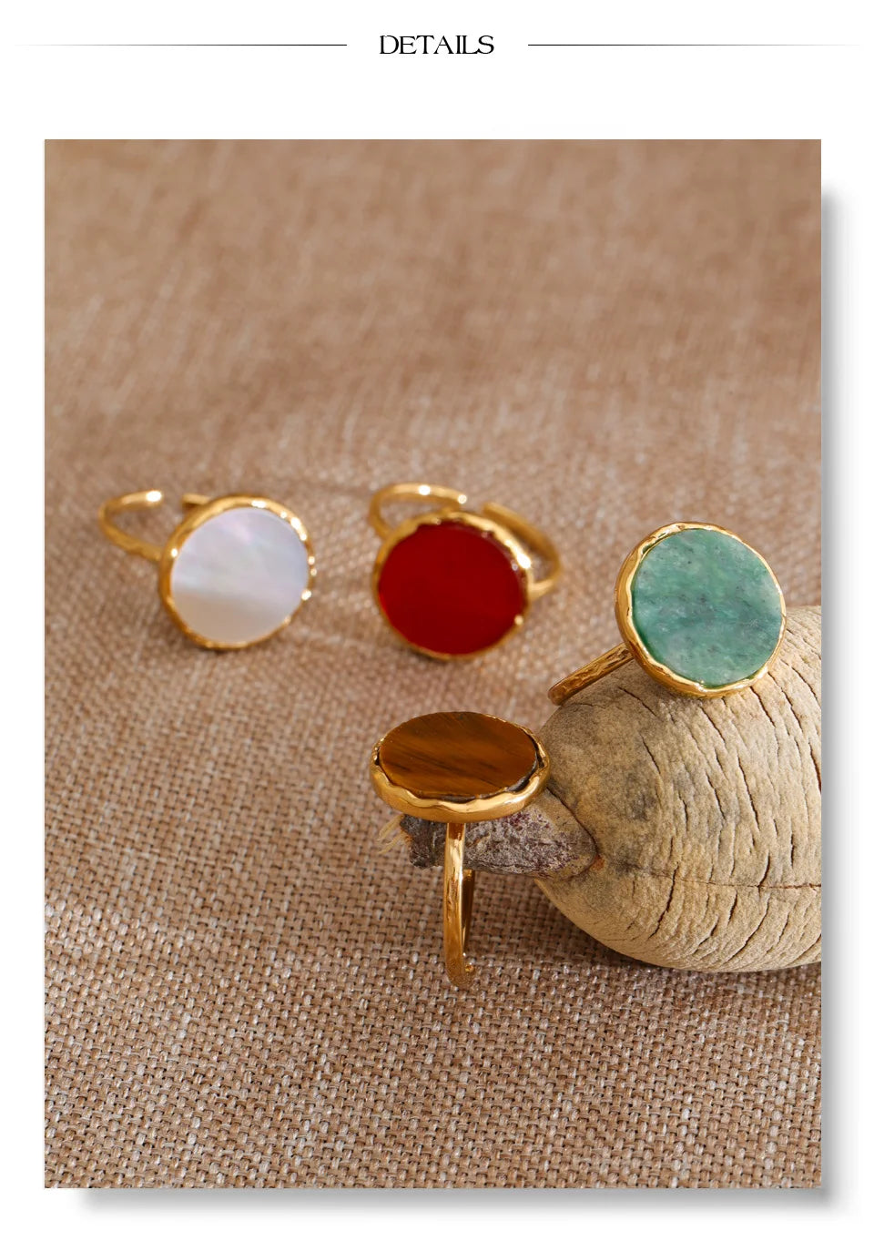 Natural stone geometric ring in 18K gold-plated stainless steel with natural stone.