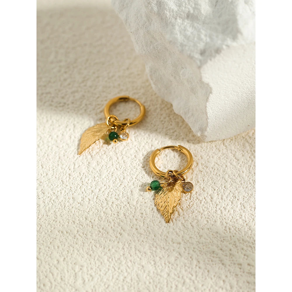 Hoop Earrings Metal Leaf Crystal Pendants — 316L Stainless Steel · PS457
