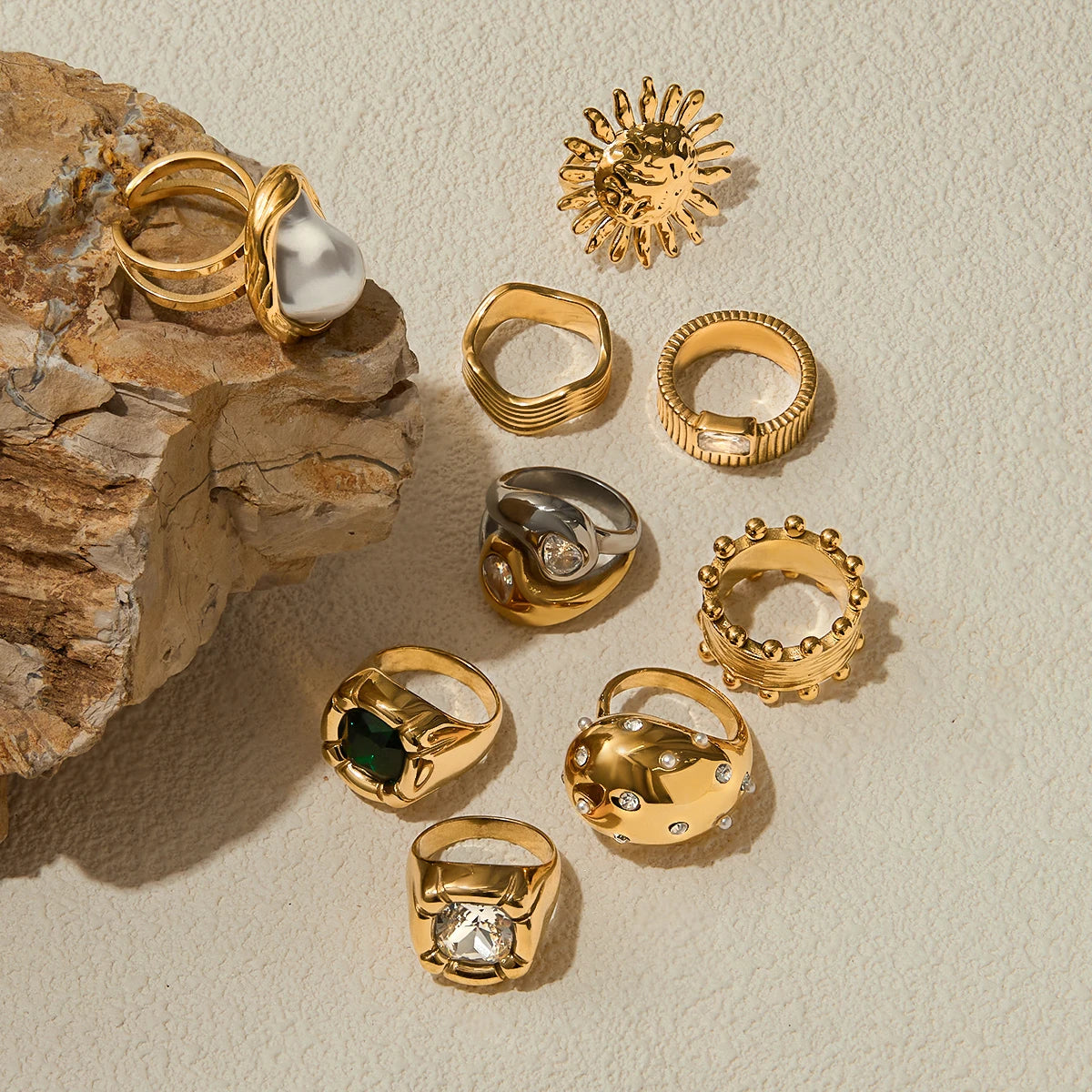 Pearl Sun Ring Stack — Stainless Steel · PS241