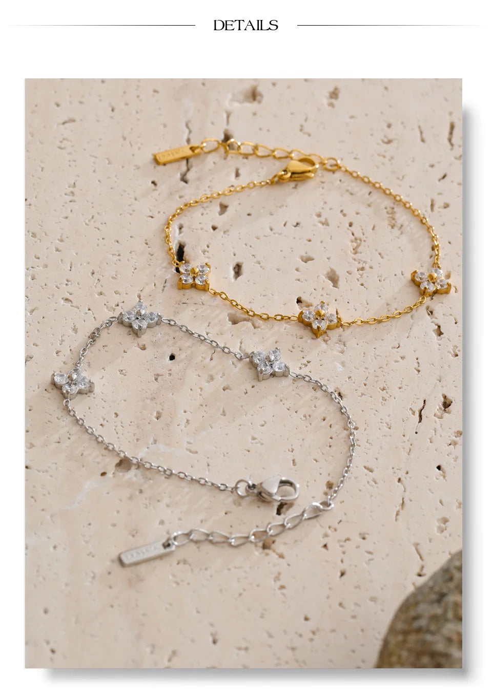 Cubic Zirconia Flower Chain Bracelet — Gold-Plated Stainless Steel with Cubic Zirconia · PS1539