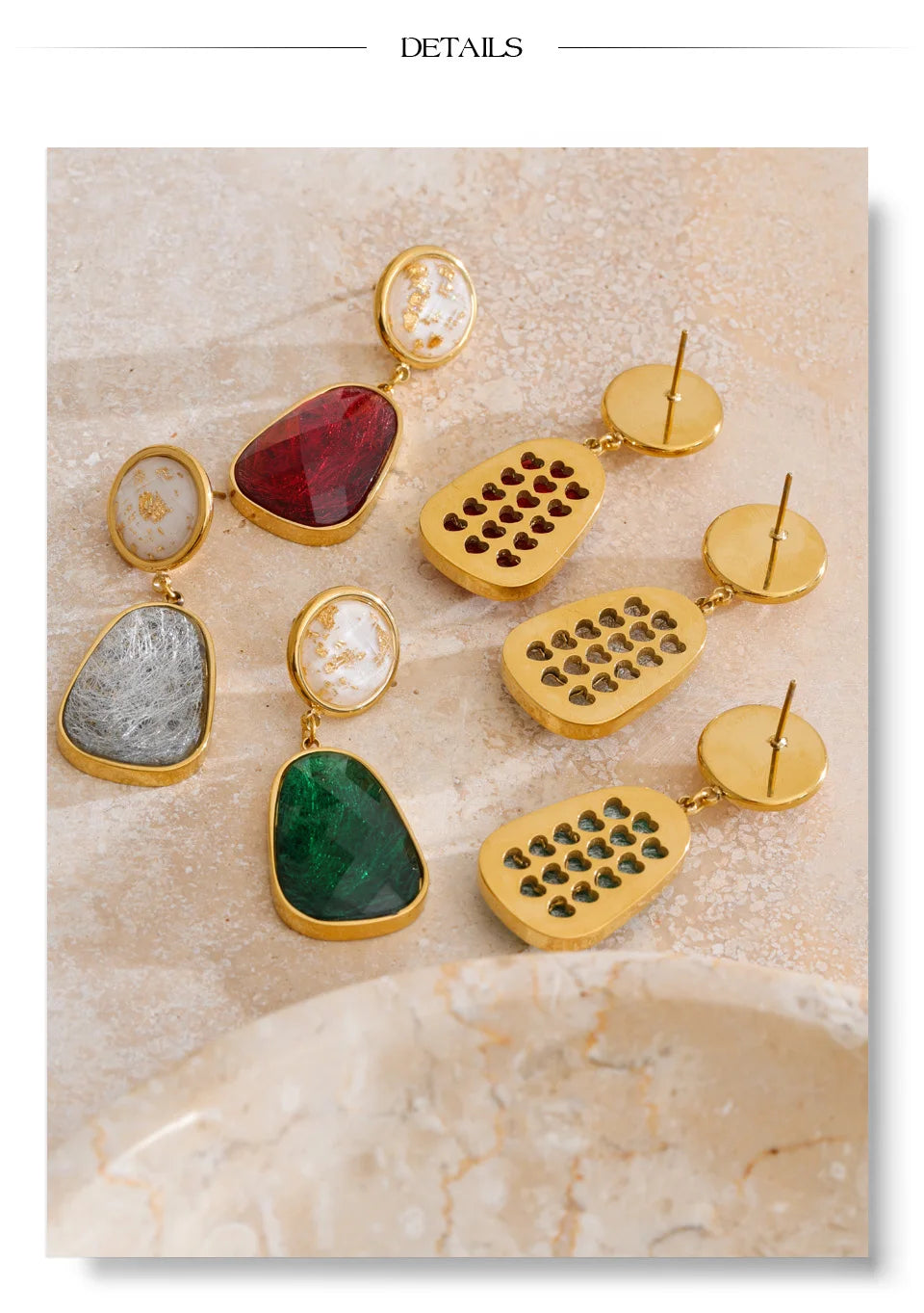 White resin multi-color earrings in gold-plated stainless steel with resin.