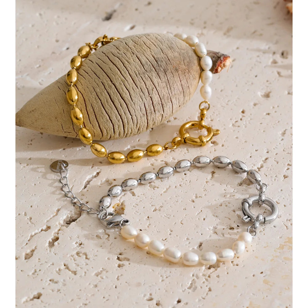 Freshwater Pearl Geometric Bracelet — Gold-Plated Stainless Steel with Freshwater Pearl · PS2057