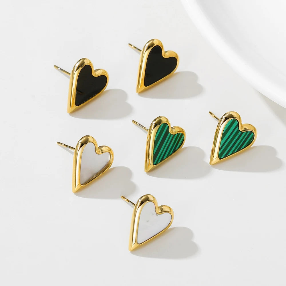 Stud Earrings Heart Vintage Green Natural Stone — 316L Stainless Steel · PS422