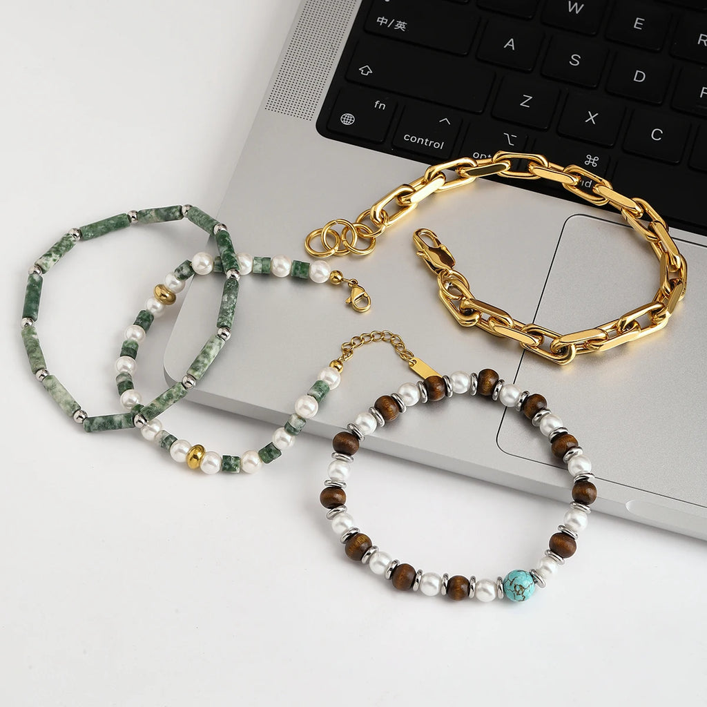 Green Bead Chain Bracelet Stack — Stainless Steel · PS016