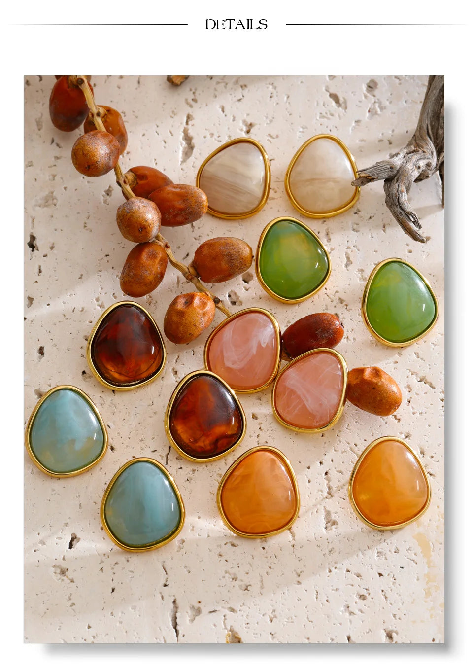 Resin acrylic multi-color earrings in gold-plated stainless steel with resin and acrylic.