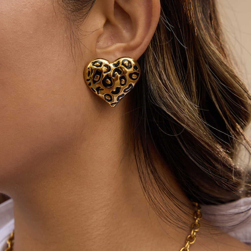 Leopard Heart Stud Earrings — Stainless Steel · PS060