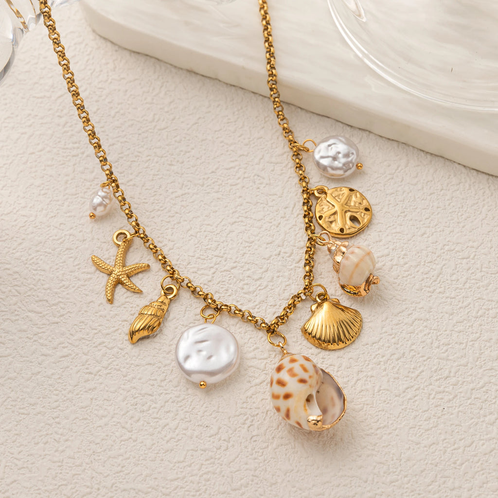 Stainless steel summer beach breeze shell starfish conch pearl necklace vacuum plated 18K gold color retention