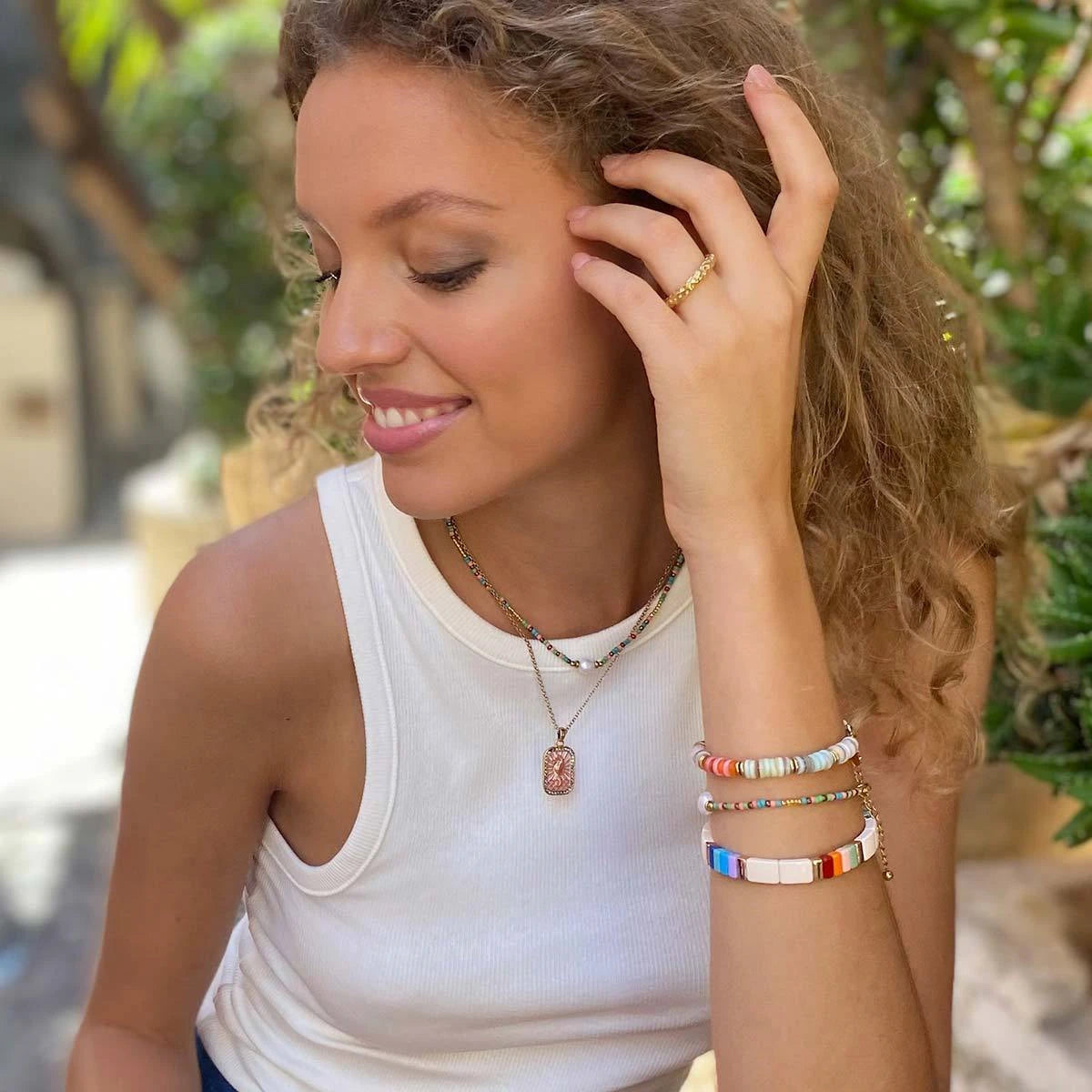 Colored Tarot Card Necklace Square Zirconia Pendant Seahorse Dolphin Brown Tree Marine Life Clavicle Chain Female