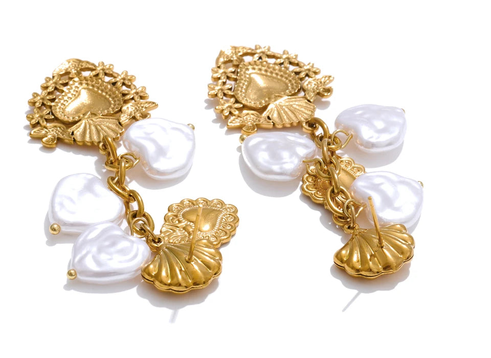 Pearl Heart Earrings — Gold-Plated Stainless Steel with Pearl · PS1587