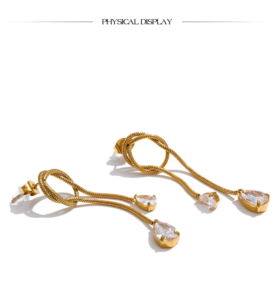 Cubic Zirconia Geometric Chain Earrings — Gold-Plated Stainless Steel with Cubic Zirconia · PS1608