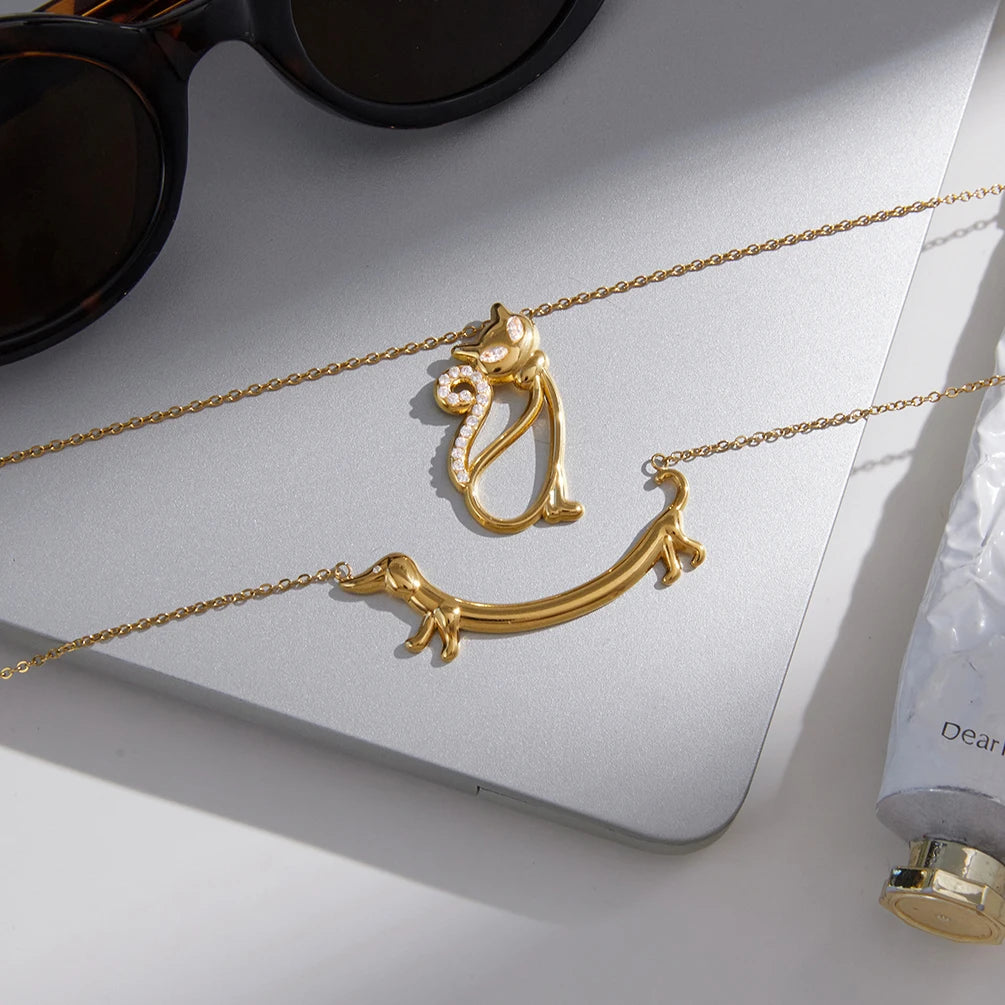 Crystal Dog Cat Pendant Necklace — 18K Gold Stainless Steel · PS2447