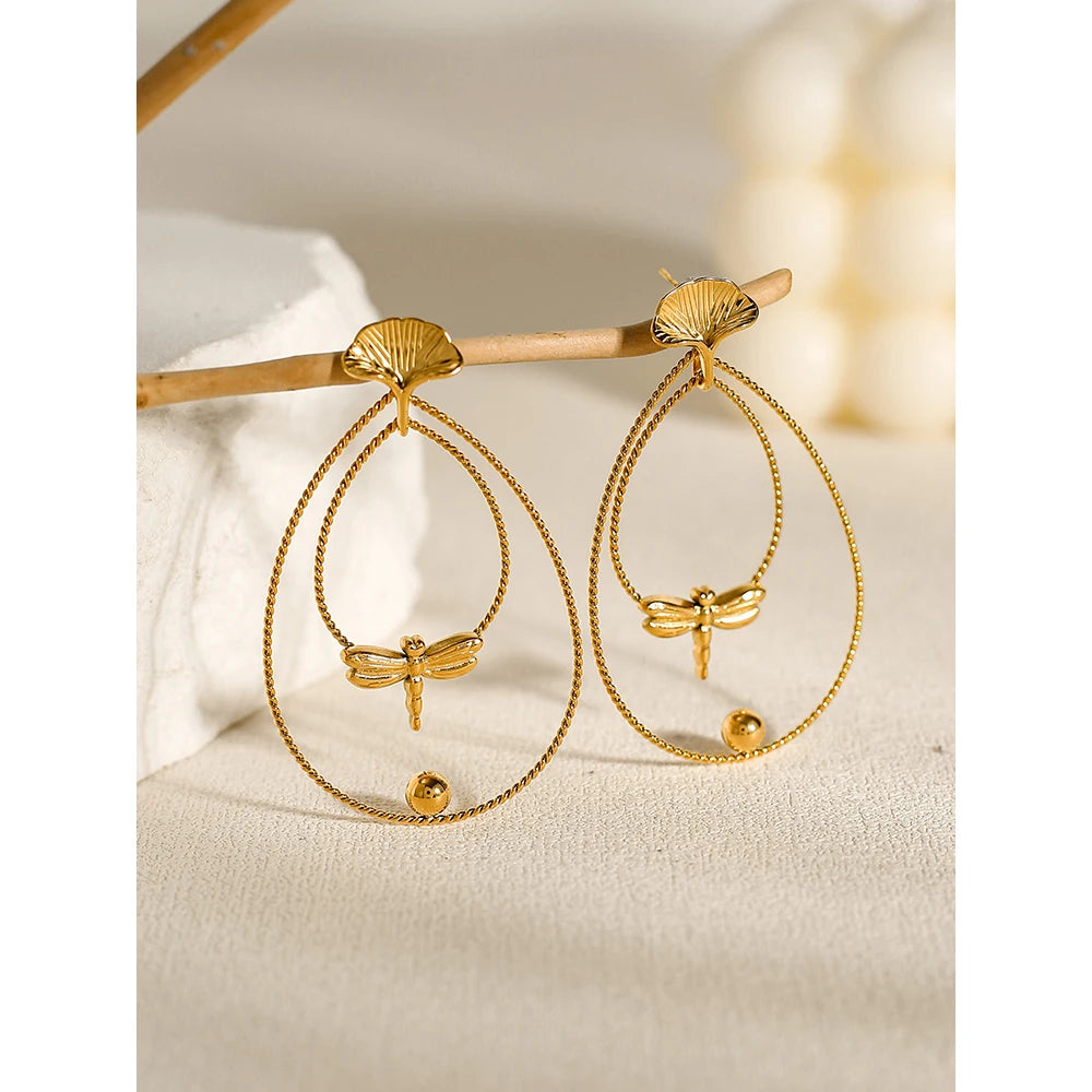 Drop Earrings Dragonfly Ginkgo Leaf — 316L Stainless Steel · PS395