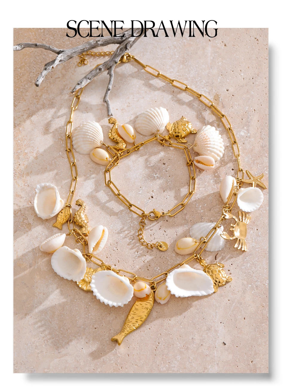 Shell geometric necklace in gold-plated stainless steel with shell.