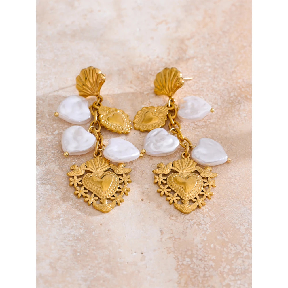 Pearl Heart Earrings — Gold-Plated Stainless Steel with Pearl · PS1587
