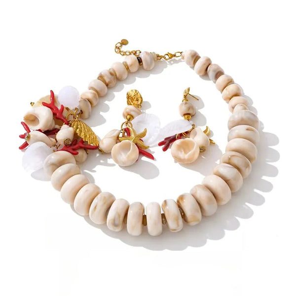 Gold-plated stainless steel earrings with shell and resin.