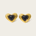 Stud Piercing Earrings Black Stone Heart — 316L Stainless Steel · PS453