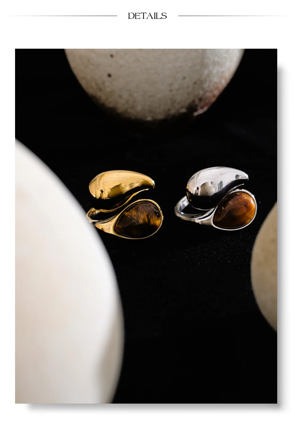 Natural stone geometric ring in gold-plated 316L stainless steel with natural stone.