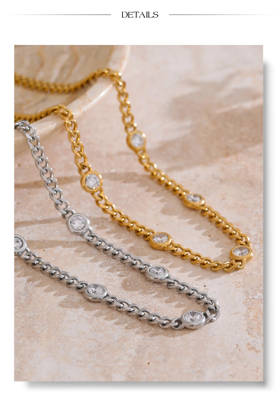 Cubic zirconia geometric chain necklace in gold-plated stainless steel with cubic zirconia.
