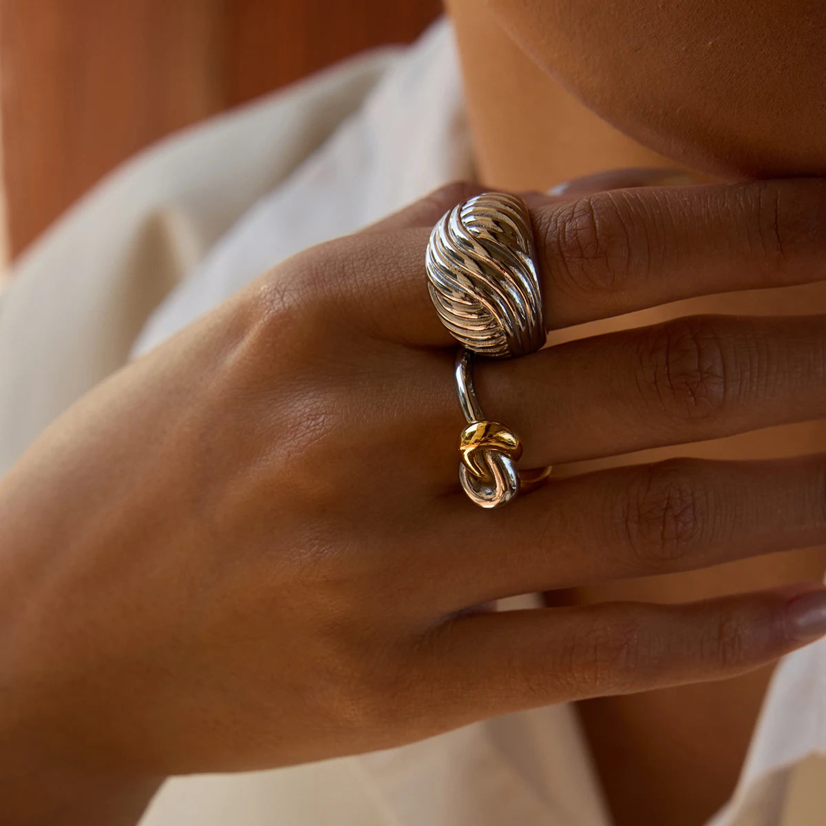Two-Tone Shell Ring Stack — Stainless Steel · PS270