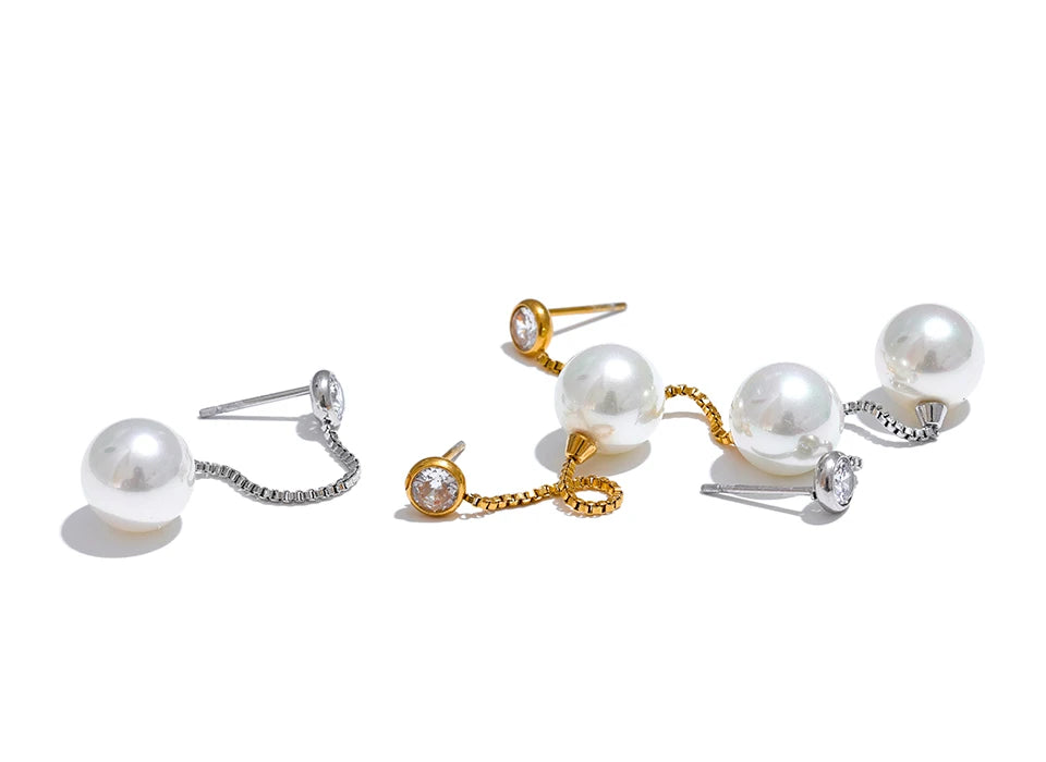 Pearl Geometric Chain Earrings — Gold-Plated Stainless Steel with Pearl · PS1602