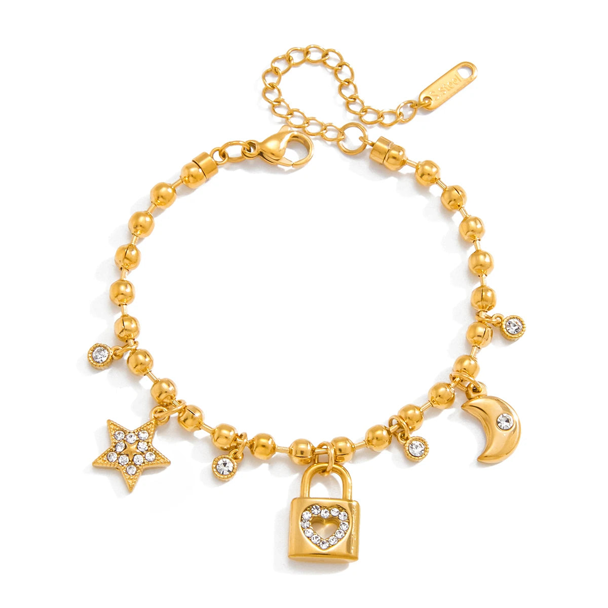 Star Lock Charm Bracelet Stack — Stainless Steel · PS045