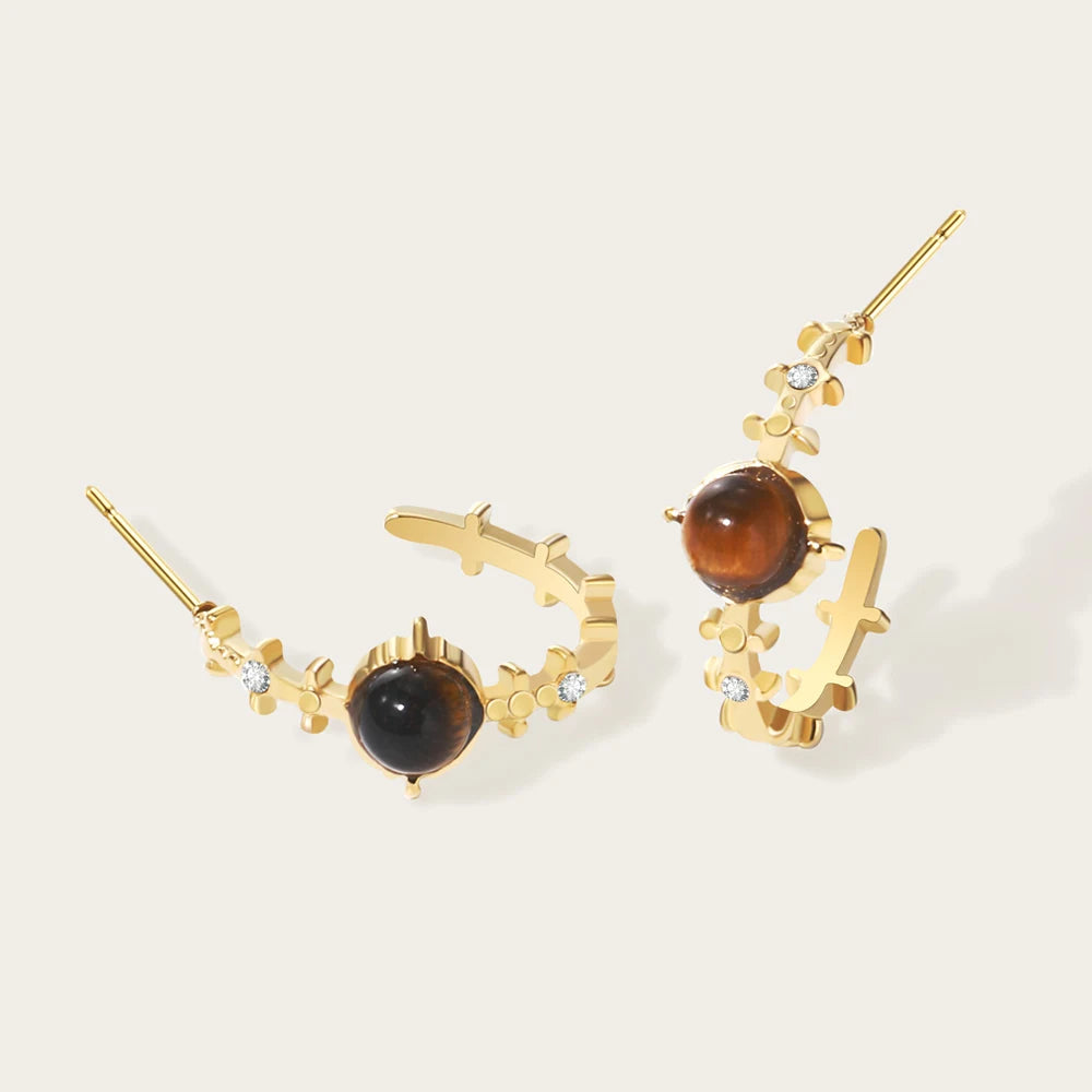 Hoop Earrings Amber Natural Stone Crystal Irregular — 316L Stainless Steel · PS480